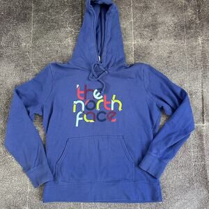 Women's The North Face Spell Out Logo Blue Hoodie Pullover Camp Sweatshirt Sz L
